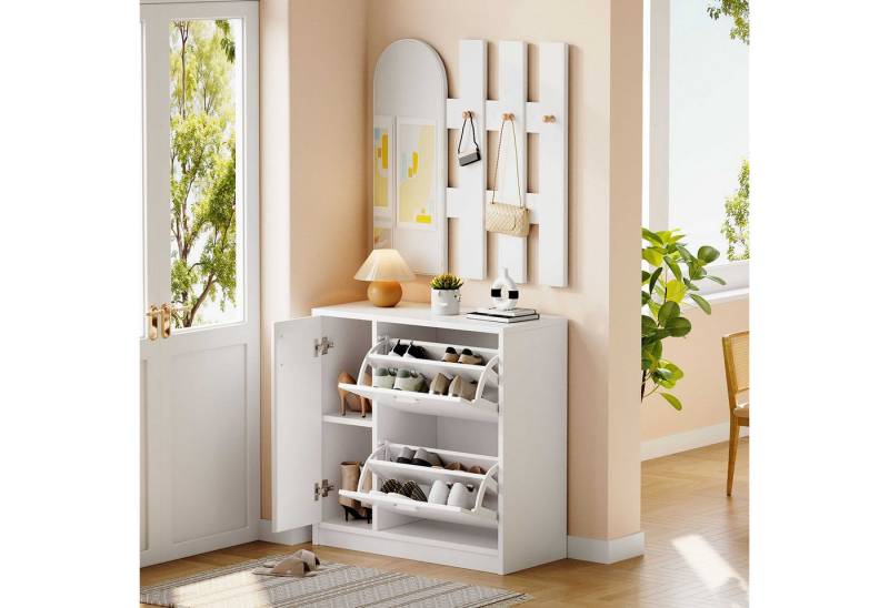BlingBin Schuhschrank Garderoben-Set Schuhregal Garderobenschrank (mit Spiegel und Haken, 1-St., 2 Klapptüren und eine Schiebetür) mit Klapptüren für kleine Flure von BlingBin