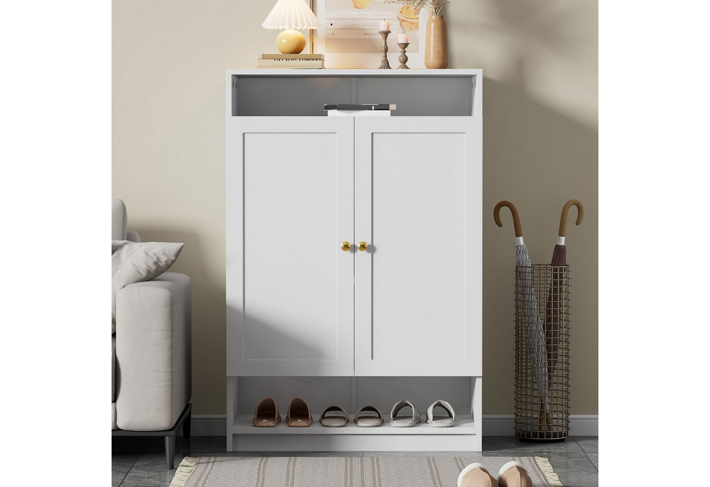 BlingBin Schuhschrank Moderne Schuhschrank, Schuhregal Schuhaufbewahrung, Schmal Schrank (Aufbewahrungsschrank mit Verstellbaren Regalen, Goldenen Griffen, 1-St., Maße: B73/T34/H109 cm, Tragkraft der Tischplatte: 50 KG/110 LBS) Schuhkommode mit 2 Türen für Wohnzimmer, Flur, Weiß BlingBin Schuhschrank Moderne Schuhschrank, Schuhregal Schuhaufbewahrung, Schmal Schrank (Aufbewahrungsschrank mit Verstellbaren Regalen, Goldenen Griffen, 1-St., Maße: B73/T34/H109 cm, Tragkraft der Tischplatte: 50 KG/110 LBS) Schuhkommode mit 2 Türen für Wohnzimmer, Flur, Weiß von BlingBin