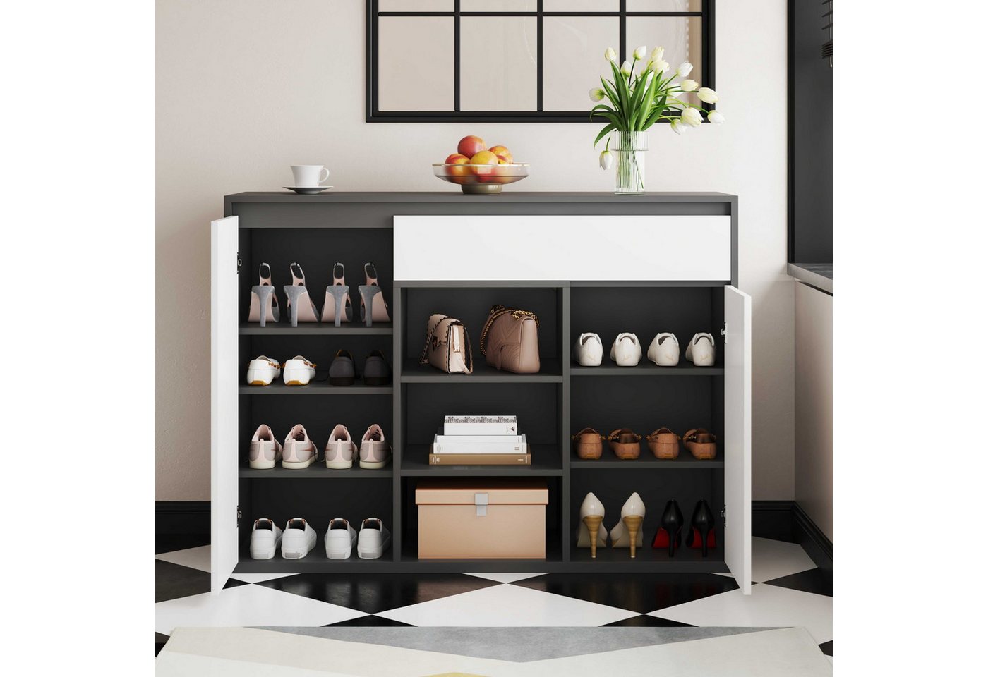 BlingBin Schuhschrank Schuhkipper Schuhkommode Schuhregal (für Flur,Diele,Bietet Platz für 12–17 Paar Schuhe, 1-St., mit zwei Türen und einer Schublade mit verstellbarem Schuhregal) LED,105x39,5x86cm,schwarz-weiß modern von BlingBin