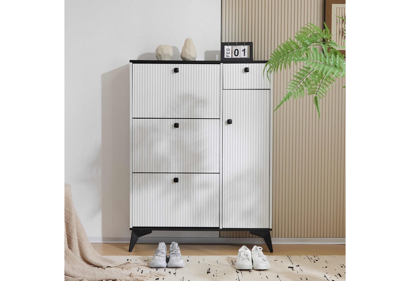 BlingBin Schuhschrank Schuhkipper Schuhkommode mit 3 Klappen, 1 Schublade und 1 Tür (1er Set, 1-St., Maße: H 121 cm / B 90 cm / T 25 cm) Schuhkipper Schmal, Schuhschrank Weiß von BlingBin