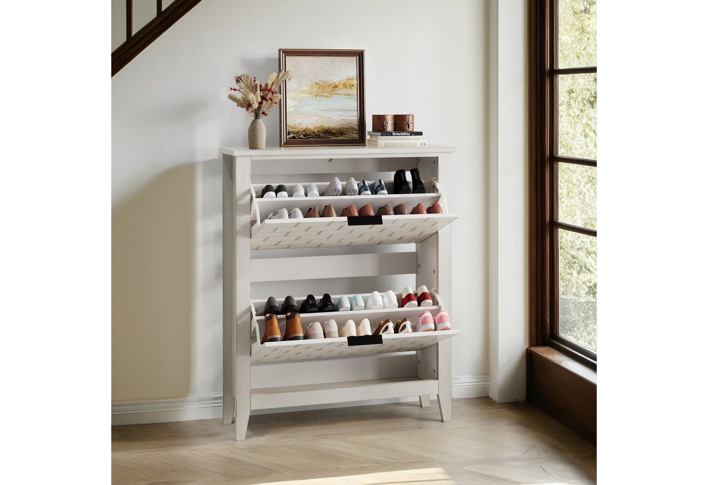 BlingBin Schuhschrank Schuhregal Schuhkipper (1-St., Mid-Century-Vintage-Schuhschrank,mit 2 Klappschubladen) Weiß,für Flur,Eingangsbereich,Treppenhausecke,80cm×24cm×97,5cm von BlingBin