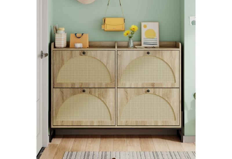 BlingBin Schuhschrank Schuhregal Schuhkipper (1-St., mit 4 Klappen, Tür in Holzoptik, Schwarze Griffe und Füße) 118×25×91,5cm,für Flur Eingang Wohnzimmer, Holzfarbe von BlingBin