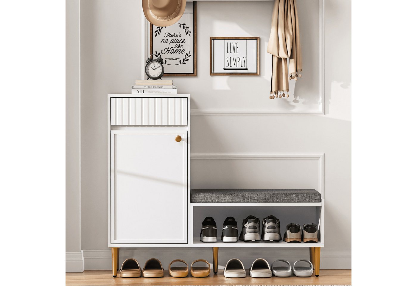 BlingBin Schuhschrank Schuhregal Schuhkipper (1-St., mit Sitzbank, gepolstert,Tür,Schublade,offenen Ablagefächern) 100×35×82.2cm,Weiß,Tragkraft 50 KG von BlingBin
