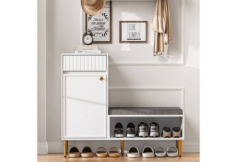 BlingBin Schuhschrank Schuhregal Schuhkipper (1-St., mit Sitzbank, gepolstert,Tür,Schublade,offenen Ablagefächern) 100×35×82.2cm,Weiß,Tragkraft 50 KG von BlingBin