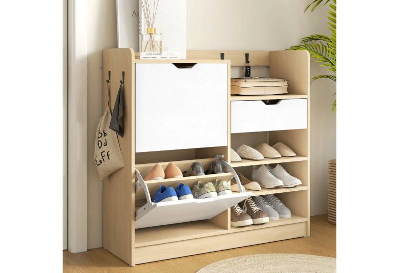 BlingBin Schuhschrank Schuhregal Schuhkipper Schuhkommode (1-St., mit Kippschubladen,offenen Regalen,4 Haken) für bis zu 14 Paar Schuhe,93x30x90cm,Natur+Weiß von BlingBin
