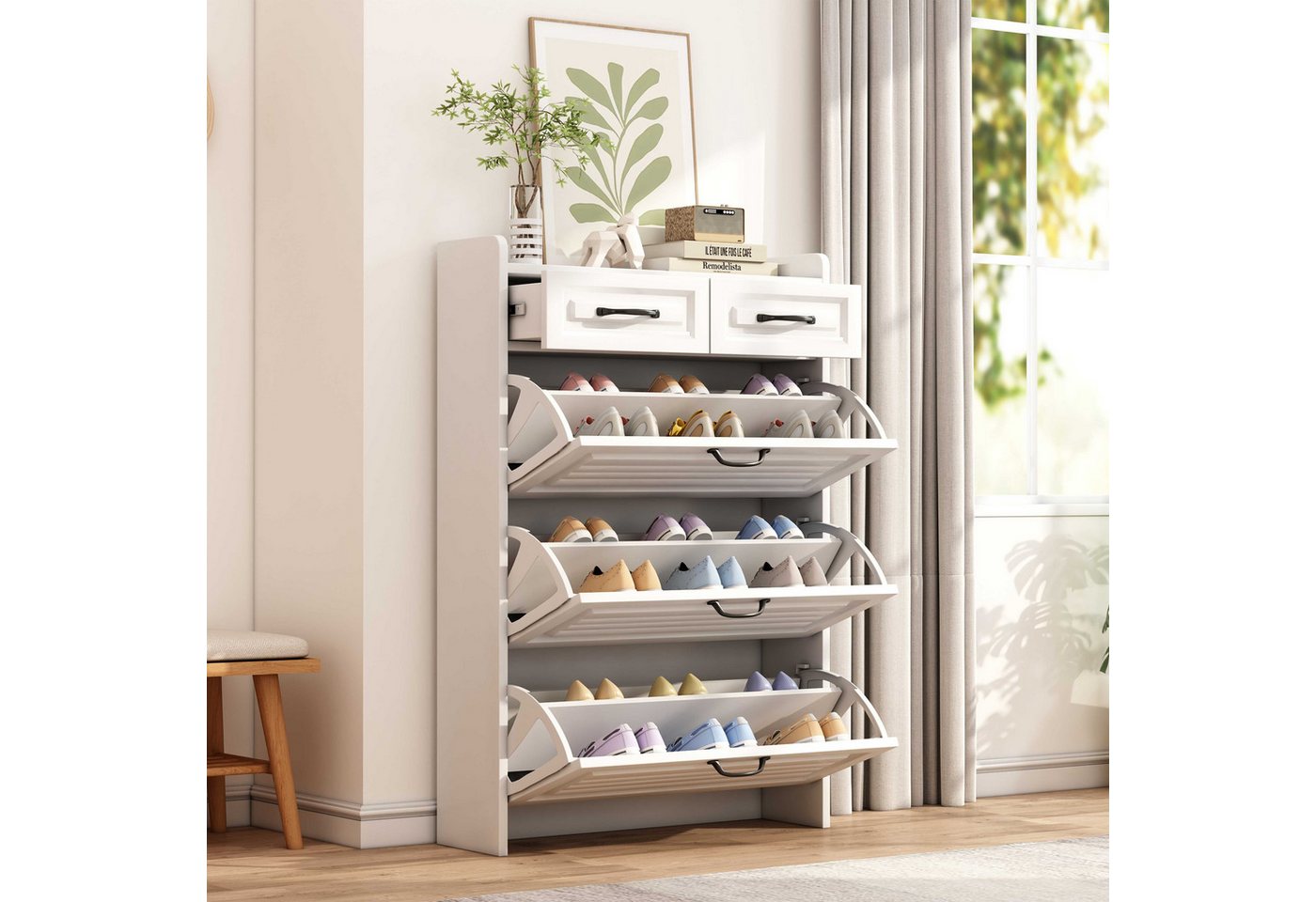 BlingBin Schuhschrank Schuhregal Schuhkipper Schuhkommode (1-St., mit drei großen Klappen und zwei Schubladen) Geeignet für Eingangsbereiche,Wohnzimmer,80×23.5×131cm,Weiß von BlingBin