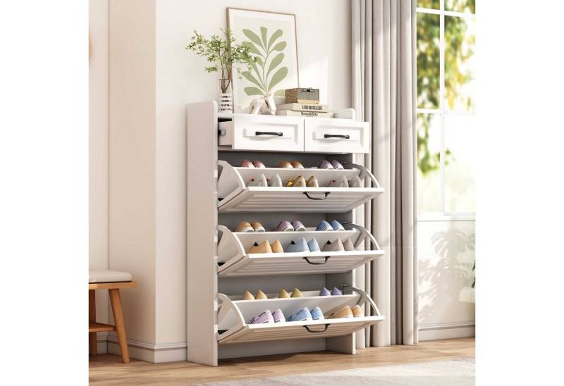 BlingBin Schuhschrank Schuhregal Schuhkipper Schuhkommode (1-St., mit drei großen Klappen und zwei Schubladen) Geeignet für Eingangsbereiche,Wohnzimmer,80×23.5×131cm,Weiß von BlingBin