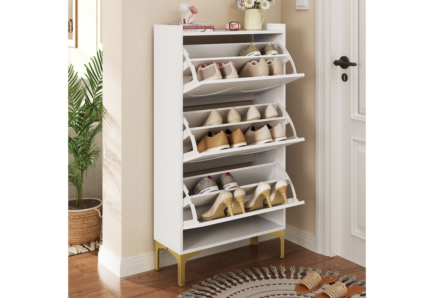 BlingBin Schuhschrank Schuhregal Schuhkipper Schuhkommode (platzsparende Schuhaufbewahrung im Eingangsbereich, 1-St., mit großem Stauraum,stabile Metallfüße) Dreistöckiges Design,Weiß,63x24x120cm von BlingBin