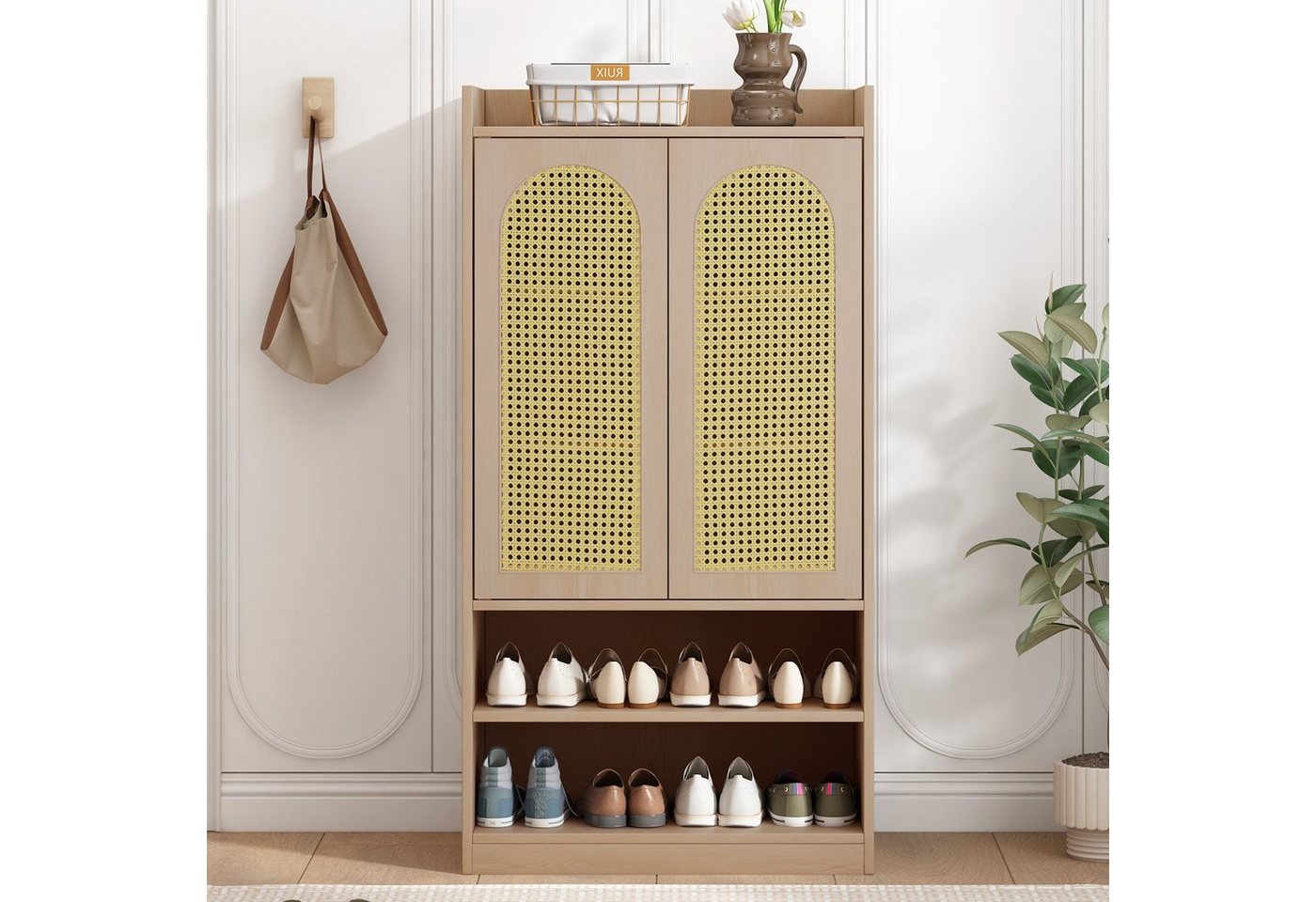 BlingBin Schuhschrank Sideboard aus Holz, Schrank (1-St., 2 offene Fächer) 115 cm hoch, 2 offene Fächer, Rattantür, verstellbare Einlegeböden von BlingBin