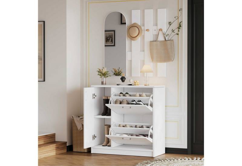 BlingBin Schuhschrank mit Klapptüren für kleine Flure, Garderoben-Sets mit Spiegel und Haken (1 Set, 1-St., 80 x 35 x 80 cm) Schuhregal, Wohnzimmerregal, 2 Klapptüren und eine Schiebetür von BlingBin