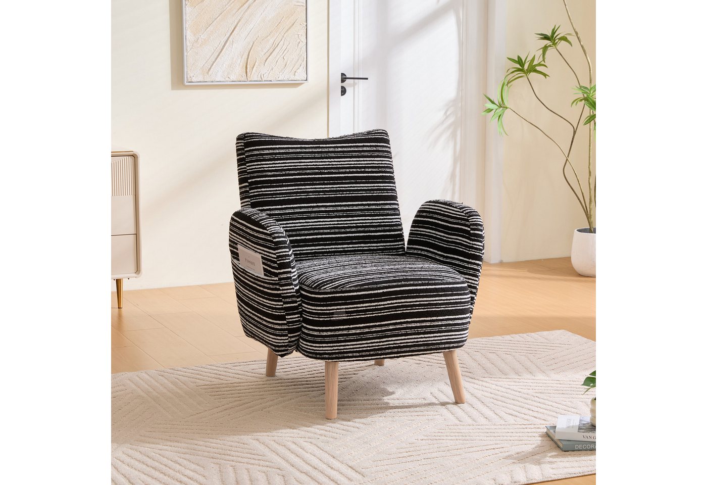 BlingBin Sessel Loungesessel Einzelsessel, Polstersessel mit Holzbeinen & Seitentasche (Fernsehsessel, 1-St., Stoff mit Kreismuster, mit seitlicher Tasche), bequemer Lesesessel, Wohnzimmer, Schlafzimmer, Büro von BlingBin