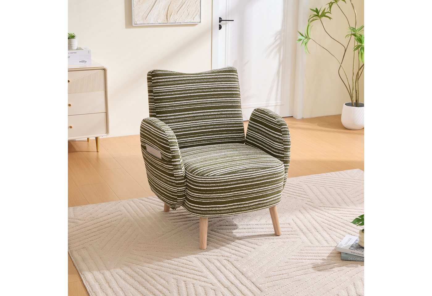 BlingBin Sessel Loungesessel Einzelsessel, Polstersessel mit Holzbeinen & Seitentasche (Fernsehsessel, 1-St., Stoff mit Kreismuster, mit seitlicher Tasche), bequemer Lesesessel, Wohnzimmer, Schlafzimmer, Büro von BlingBin