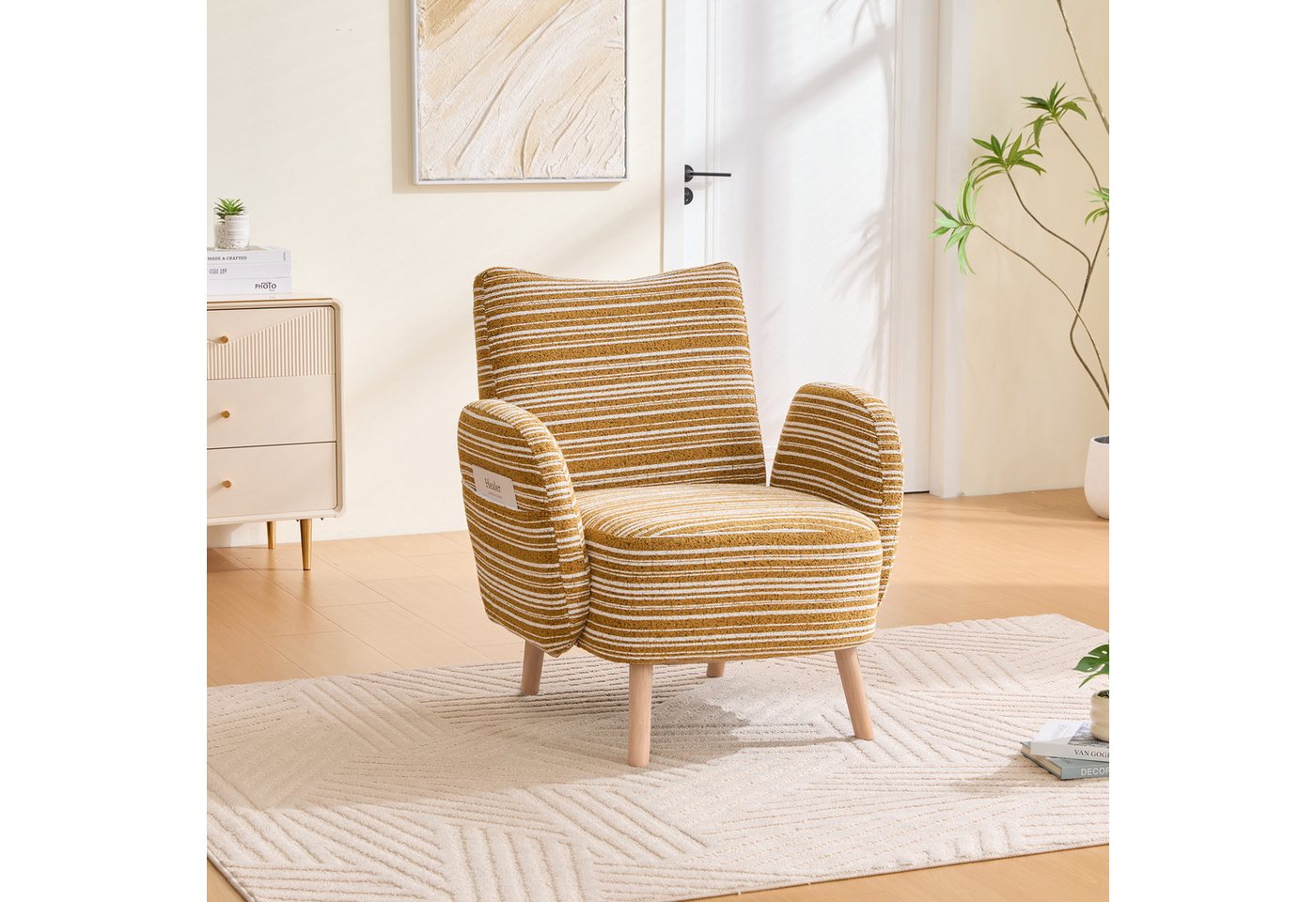 BlingBin Sessel Loungesessel Einzelsessel, Polstersessel mit Holzbeinen & Seitentasche (Fernsehsessel, 1-St., Stoff mit Kreismuster, mit seitlicher Tasche), bequemer Lesesessel, Wohnzimmer, Schlafzimmer, Büro von BlingBin