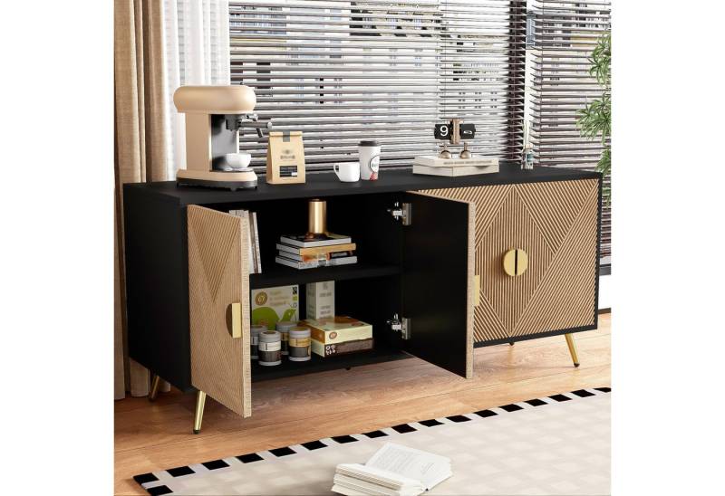 BlingBin Sideboard Anrichte Buffetschrank Beistellschrank Standschrank Küchenschrank (Aufbewahrungsschrank mit Vier Türen, Goldene Gebürstete Griffe und Hochglanz Tischbeine, 1 St., Gesamtabmessungen: 160*40*75cm, Produktladung: 35kg), Seitenschrank aus MDF und PB für Wohnzimmer, Schwarz & Holzmaserung von BlingBin