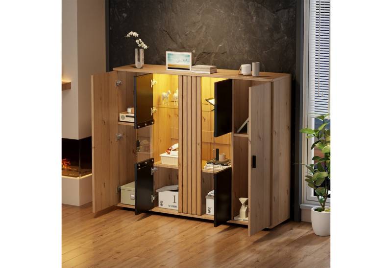 BlingBin Sideboard Anrichte Vitrinenschränke Buffetschrank Wohnraum-Beistellschrank (Aufbewahrungsschrank mit 4 Türen, Trennwand-Design und Verstellbaren Trennwänden, gehärtetes Glas, 1 St., Gesamtmaße: 140 x 35 x 113 cm, Gesamttragfähigkeit: 60kg), Bücherschrank für Wohnzimmer, Spanplatte, Schwarz & Holzfarbe von BlingBin
