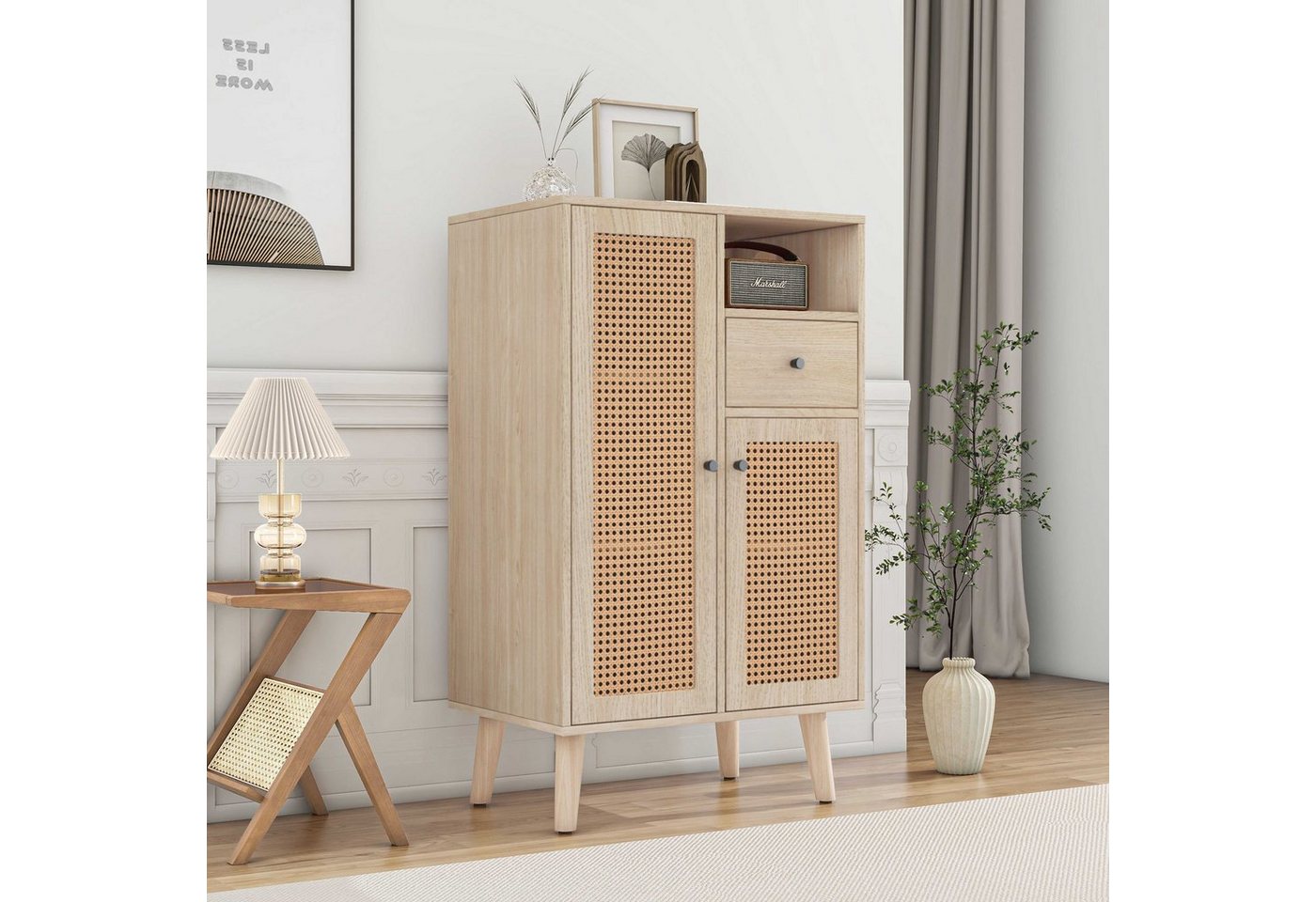 BlingBin Sideboard Eckschrank, Kommode (1 St., 2 Rattantüren, 1 Schublade, Massivholzbeine In Trapezform), Verstellbare Regalböden,60×40×101cm von BlingBin