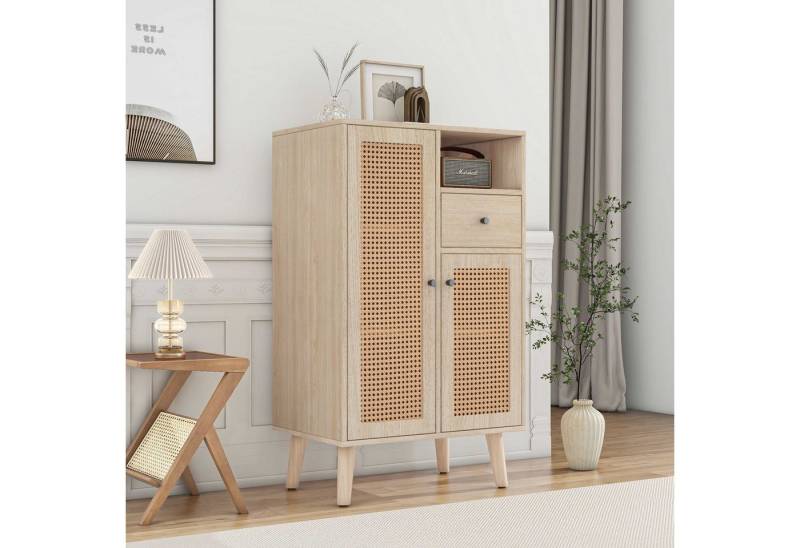 BlingBin Sideboard Eckschrank, Kommode (1 St., 2 Rattantüren, 1 Schublade, Massivholzbeine In Trapezform), Verstellbare Regalböden,60×40×101cm von BlingBin