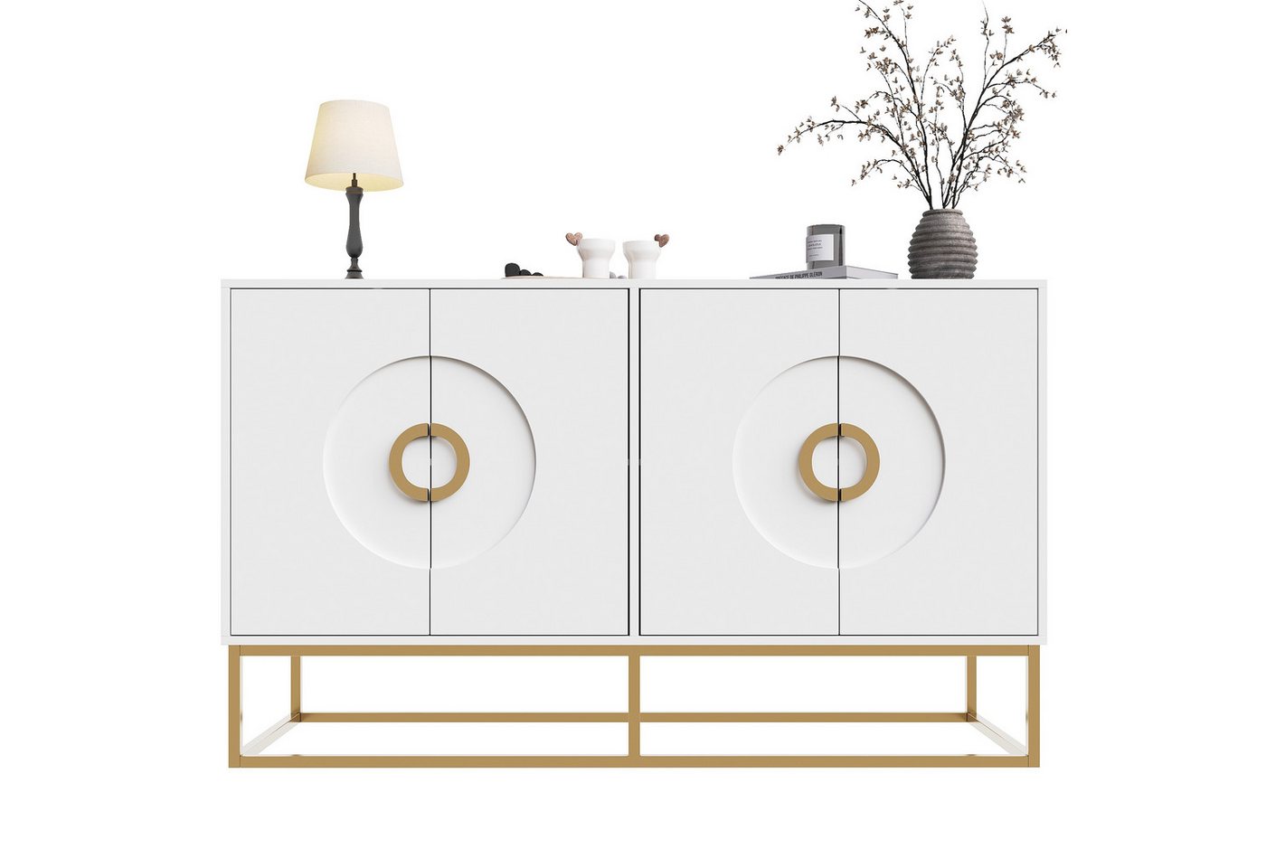 BlingBin Sideboard Esszimmerschrank, Freistehender Schrank, Beistellschrank, Anrichte (Buffetschrank mit 4 Türen, Rundzugring Schranktür, 1 St., 140×40×83cm, Tragendes Gewicht: 75KG), Geeignet Für Schlafzimmer, Wohnzimmer, Esszimmer, MDF & Metall, Weiß von BlingBin