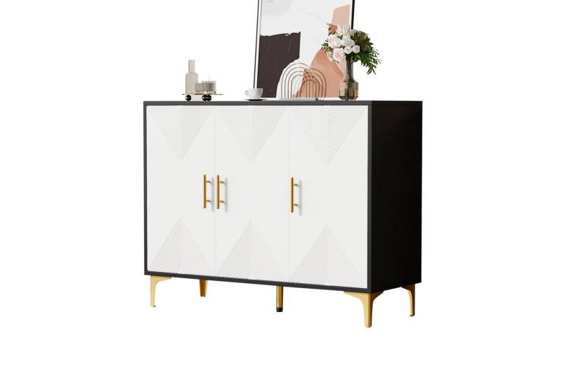 BlingBin Sideboard Esszimmerschrank mit Aufbewahrungsschrank, Kommode Foyerschrank (1er Set, 1 St., goldenen Griffen und goldenen Beinen), mit weiß matt gestreiften Türen, für Schlafzimmer Wohnzimmer Esszimmer von BlingBin
