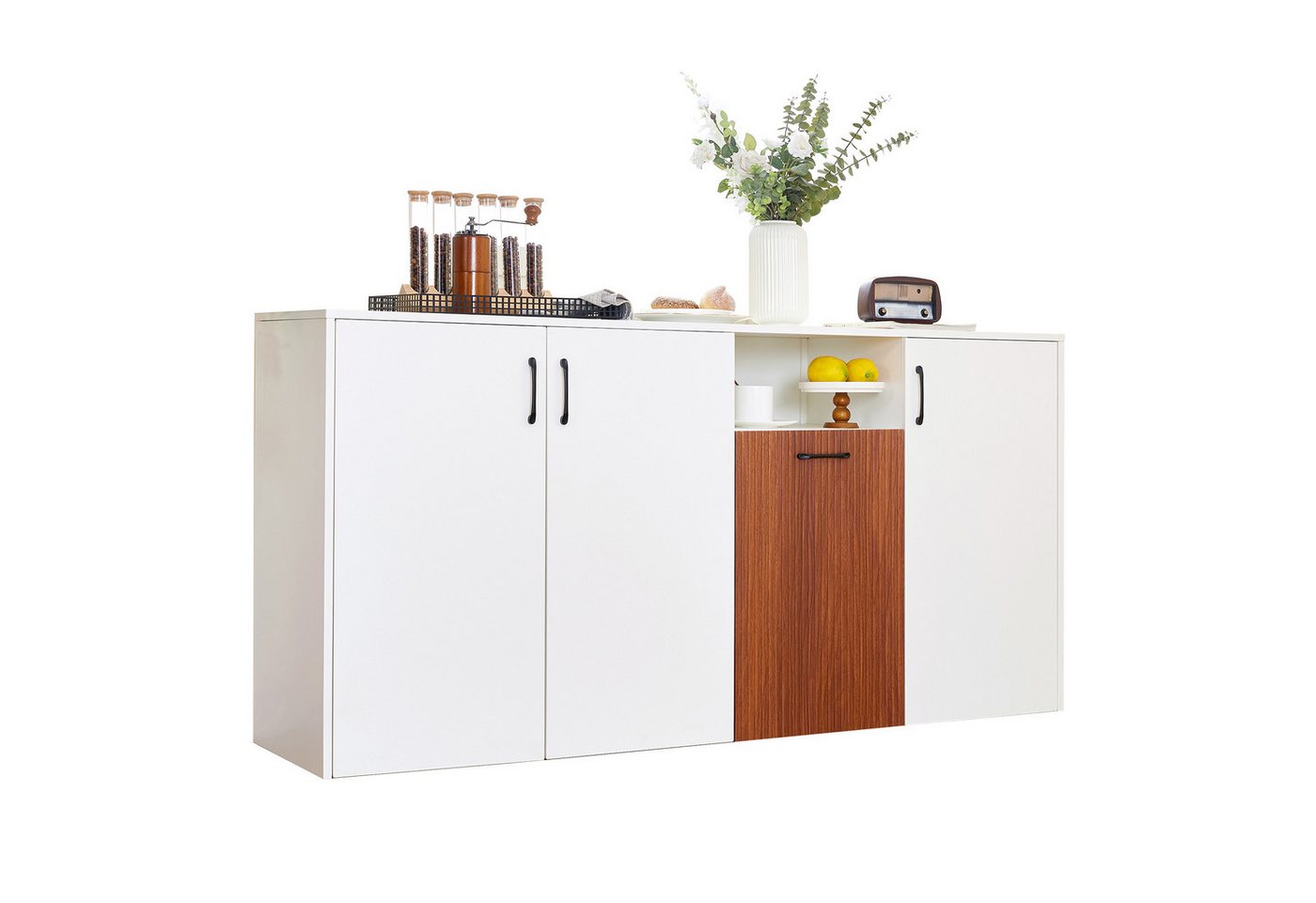 BlingBin Sideboard Freistehender Holzschrank Anrichte Buffetschrank Beistellschrank (Aufbewahrungsschrank mit 4 Türen und 1 offenes Fach, 1 St., Maße: 160*40*80cm, Gewichtskapazität: Tischplatte-50kg), Standschrank für Wohnzimmer Zuhause Küche, Spanplatte, Weiß von BlingBin
