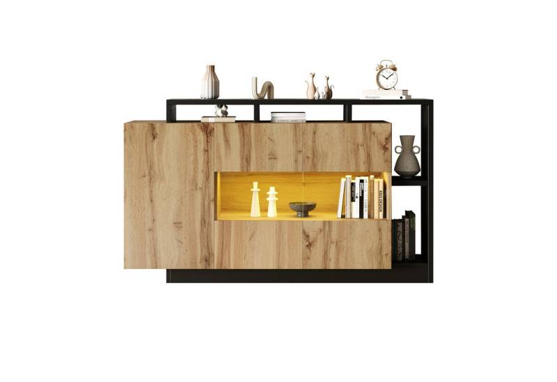 BlingBin Sideboard Glas-Esszimmerschrank in Original Holzfarbe MDF, Mit LED-Beleuchtung (1er Set, 1 St., mit 3 Türen & 3 Ablagen), Modernes LED Sideboard für Wohnzimmer mit Bluetooth Steuerung von BlingBin
