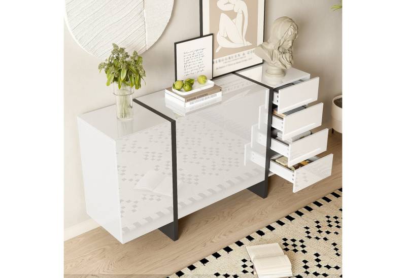 BlingBin Sideboard Hochglanz-Anrichte, Buffetschrank Beistellschrank Komodenschrank (Schlichter Aufbewahrungsschrank mit 3 Türen und 4 Schubladen, leicht zu reinigen, 1 St., Gesamtabmessungen: 150 x 40 x 80,5cm, Produktladung: 60kg), Kommode für Wohnzimmer Esszimmer, MDF & Spanplatte, Weiß & Schwarz von BlingBin