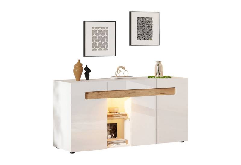 BlingBin Sideboard Hochglanz-Anrichte Buffetschrank Beistellschrank Vitrinenschränke (Aufbewahrungsschrank mit 3 Türen und 2 Offene Fächer, Glasboden, Wohnzimmerschrank mit App-Steuerung, 1 St., Größe: 140x40x70 cm, Gesamttragfähigkeit von 45 kg), Lagerschrank mit LED-Lichtsteuerung, Spanplatte, Weiß & Holzfarbe von BlingBin