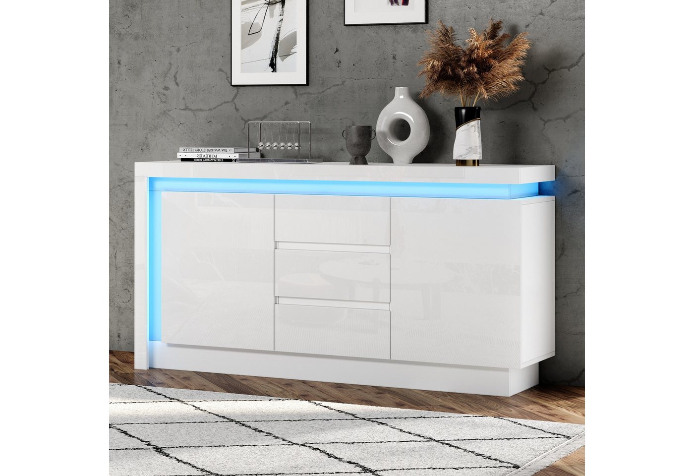 BlingBin Sideboard Hochglanz Kommode Anrichte Beistelltisch Buffetschrank mit LED (Aufbewahrungsschrank mit 3 Schubladen und 2 Türen, Verstellbaren Einlegeböden, 1 St., Gesamtabmessungen: 140*35*72cm, Gewichtskapazität: 40kg), Komodenschrank für Esszimmer, Wohnzimmer, Spanplatte, Weiß BlingBin Sideboard Hochglanz Kommode Anrichte Beistelltisch Buffetschrank mit LED (Aufbewahrungsschrank mit 3 Schubladen und 2 Türen, Verstellbaren Einlegeböden, 1 St., Gesamtabmessungen: 140*35*72cm, Gewichtskapazität: 40kg), Komodenschrank für Esszimmer, Wohnzimmer, Spanplatte, Weiß von BlingBin