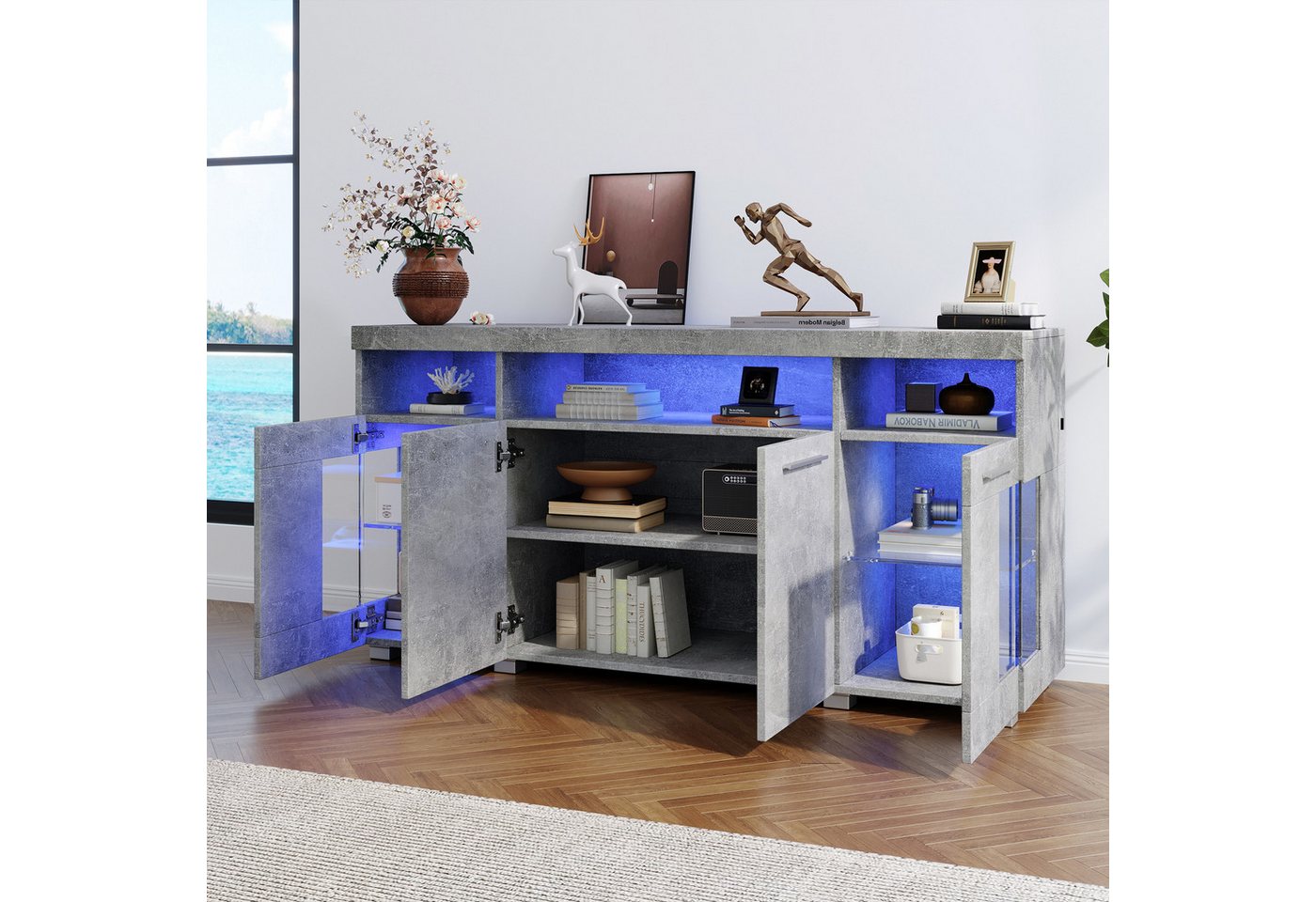 BlingBin Sideboard Hochglanz Seitenschrank, Beistelltisch Beistellschrank Anrichte (Aufbewahrungsschrank mit 4 Tür, 3 Offenes Fach und LED Licht, 1 St., Gesamtgröße: 140*40*70cm, Tragfähigkeit: 80kg), Vitrinenschränke für Wohnzimmer, MDF & Gehärtetes Glas, Zementasche BlingBin Sideboard Hochglanz Seitenschrank, Beistelltisch Beistellschrank Anrichte (Aufbewahrungsschrank mit 4 Tür, 3 Offenes Fach und LED Licht, 1 St., Gesamtgröße: 140*40*70cm, Tragfähigkeit: 80kg), Vitrinenschränke für Wohnzimmer, MDF & Gehärtetes Glas, Zementasche von BlingBin