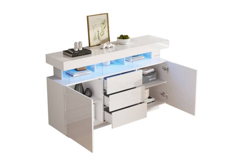 BlingBin Sideboard Hochglanz-Sideboard, Acryl-Anrichte, Kaffeebar Buffetschrank Kommode (Aufbewahrungsschrank mit 16-farbigem LED-Lichtstreifen, 2 Tür, 3 Offenes Fach und 3 Schublade, 1 St., Gesamtgröße: 140 x 35 x 80 cm, Esszimmerschrank, Wohnzimmerschrank), Modernes Komodenschrank für Esszimmer, Küche, Spanplatte & Acryl, Weiß von BlingBin