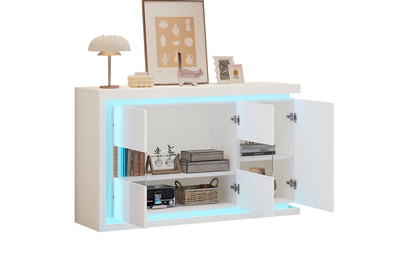 BlingBin Sideboard Hochglanz Wohnzimmerschrank Kommode Anrichte Buffetschrank (Aufbewahrungsschrank mit LED-Lichtleiste, 4 Fächern und 3 Türen aus gehärtetem Glas, 1 St., Gesamtmaße: 140 x 40 x 84 cm, Belastbarkeit: 50kg), Beistellschrank für Wohnzimmer Büros, Spanplatte, Weiß BlingBin Sideboard Hochglanz Wohnzimmerschrank Kommode Anrichte Buffetschrank (Aufbewahrungsschrank mit LED-Lichtleiste, 4 Fächern und 3 Türen aus gehärtetem Glas, 1 St., Gesamtmaße: 140 x 40 x 84 cm, Belastbarkeit: 50kg), Beistellschrank für Wohnzimmer Büros, Spanplatte, Weiß von BlingBin