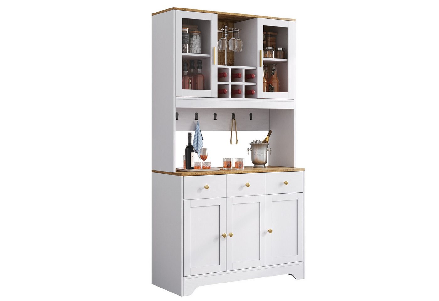 BlingBin Sideboard Hochschrank Küchenschrank Buffetschrank Anrichte Kommode (Aufbewahrungsschrank mit 5 Türen und 3 Schubladen, MDF, 1 St., Gesamtabmessungen: 94,5 x 30 x 175,5 cm, Produktladung: 70kg), Standschrank für Wohnzimmer Esszimmer, Weiß & Holzmaserung BlingBin Sideboard Hochschrank Küchenschrank Buffetschrank Anrichte Kommode (Aufbewahrungsschrank mit 5 Türen und 3 Schubladen, MDF, 1 St., Gesamtabmessungen: 94,5 x 30 x 175,5 cm, Produktladung: 70kg), Standschrank für Wohnzimmer Esszimmer, Weiß & Holzmaserung von BlingBin