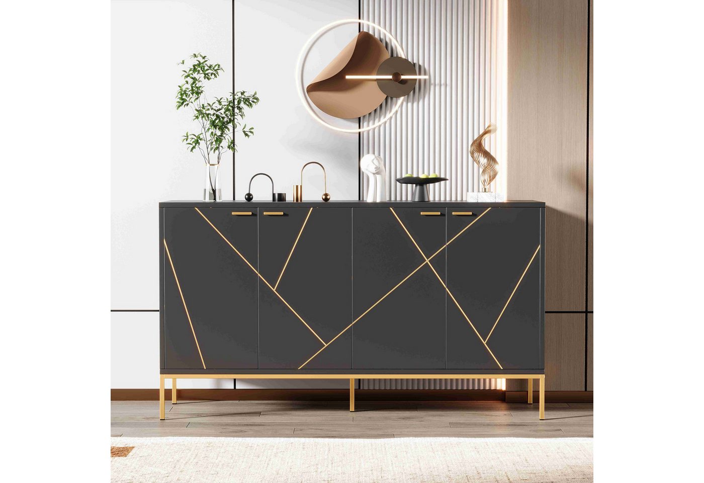 BlingBin Sideboard Kleiderschrank Modern TV-Schrank with Simple Lines (1 St., Mit vier Türen Verstellbare Metallbeine und Regalböden Schwarz+Golden), Geradliniges Design mit Metalllinien-Dekor H80/B150/T40cm von BlingBin