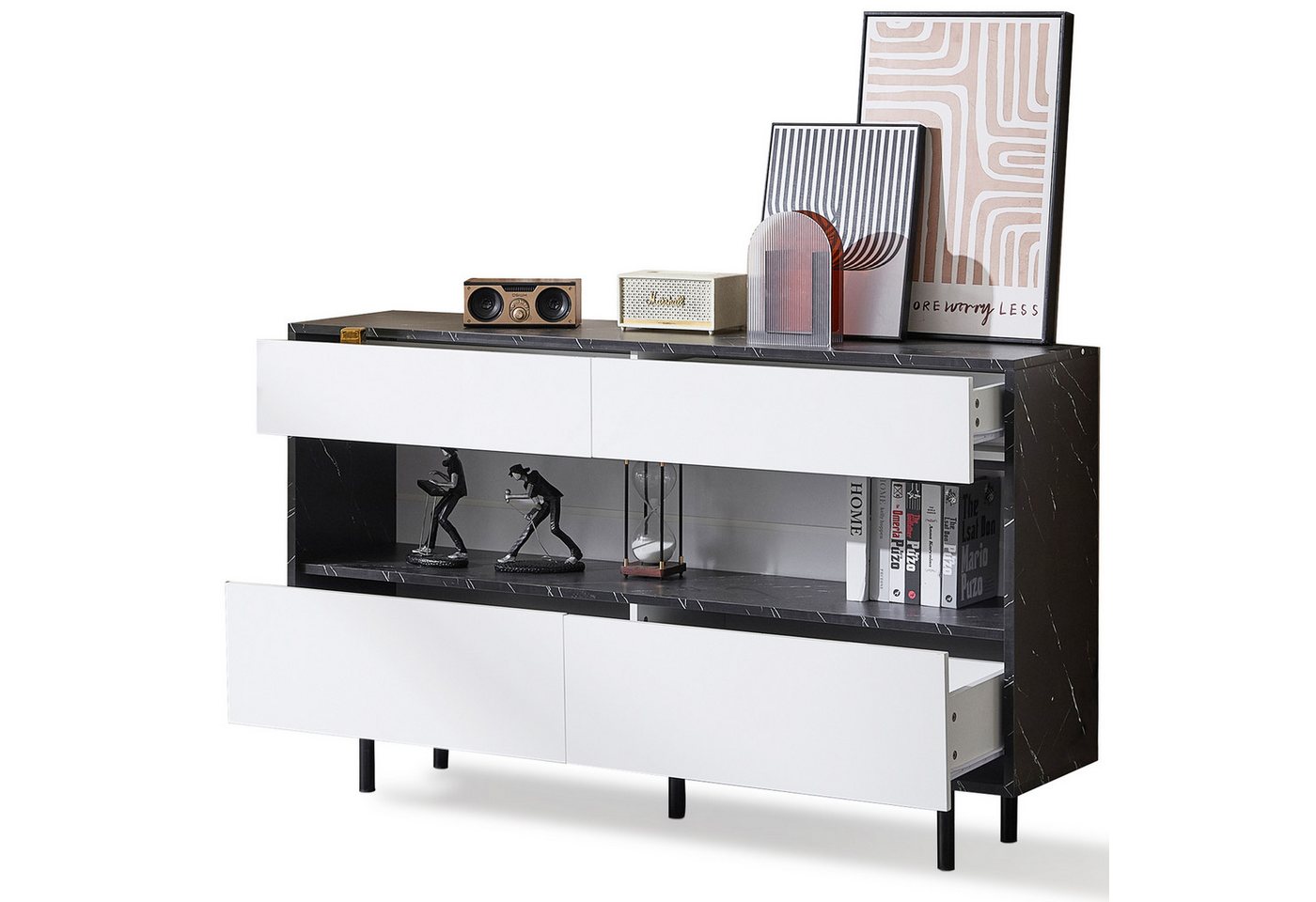 BlingBin Sideboard Kommode, Anrichte, Küchenschrank mit Offenem Stauraum (4 Schubladen und LED-Beleuchtung, Stabiler Metallrahmen und Kippschutz, 1 St., 150 x 35 x 89,5cm, Schwarz und Weiß), Elegantes Aufbewahrungsmöbel für Küche, Wohnzimmer von BlingBin
