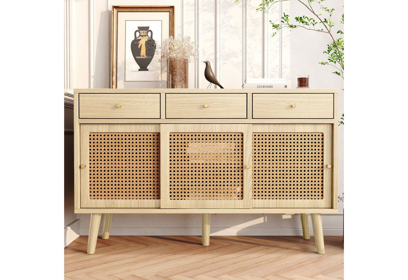 BlingBin Sideboard Kommode (1 St., Rattantür, Golden Metall Bügelgriff, Massivholzbeine), 3 Schubladen, 3 Schiebetüren, verstellbare Ablagen, 120x 40x78cm von BlingBin