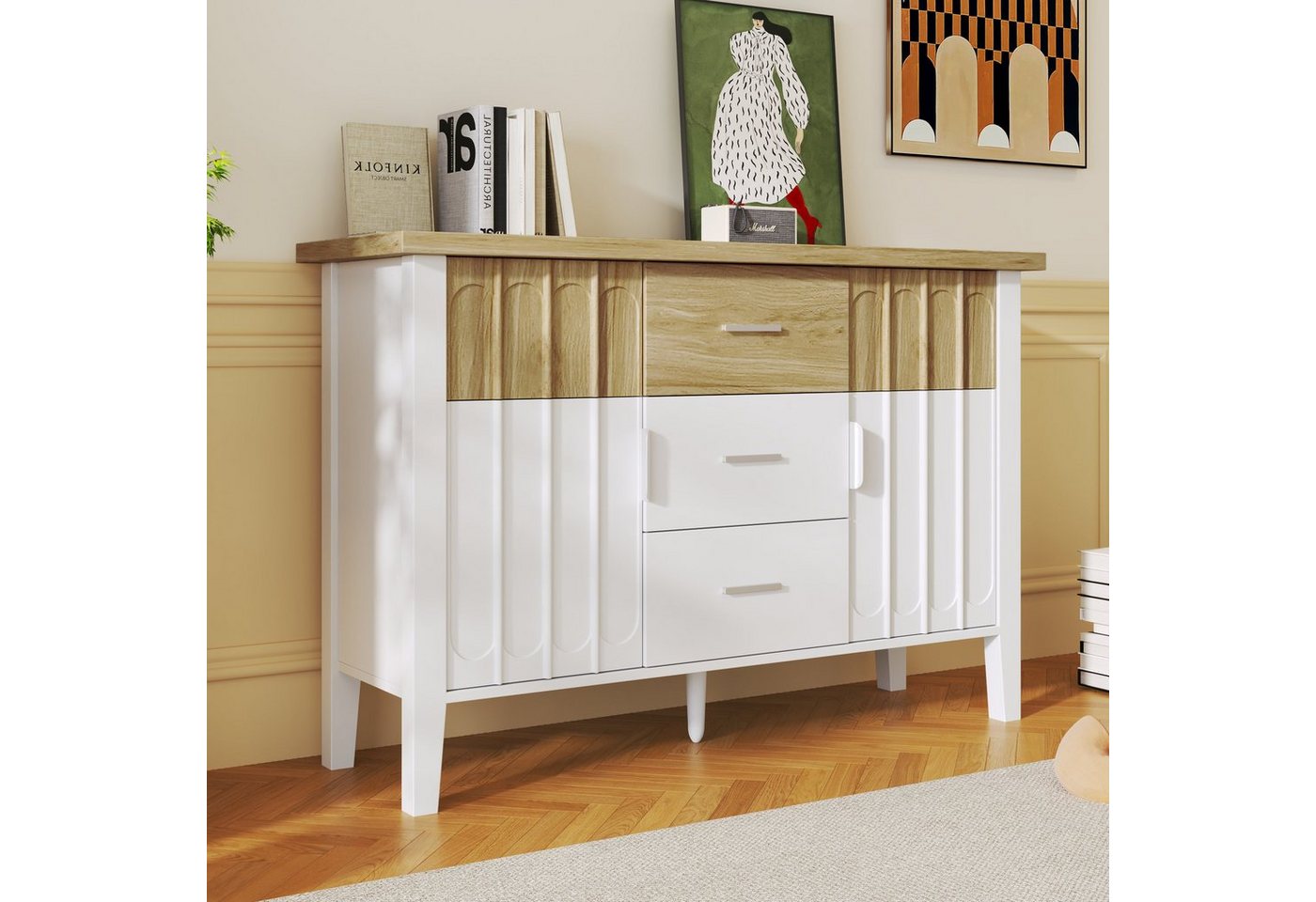 BlingBin Sideboard Kommode (1 St., mit 2 Türen und 3 Schubladen), 120 x 40 x 80 cm, Design in Weiß und Holzfarbe von BlingBin