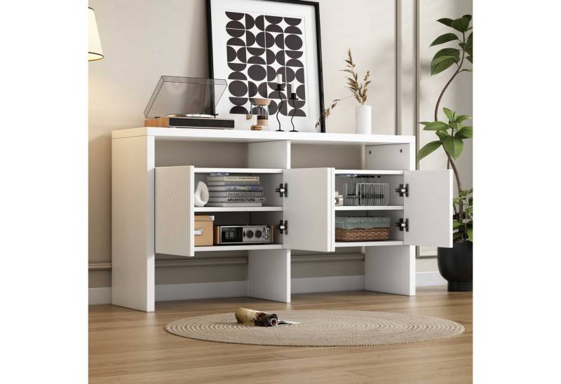 BlingBin Sideboard Kommode (1 St., mit 2 offenen Fächern & 4 Türen, Soft-Close, gestreifte Front), B140×T35×H75 cm, MDF, mit Kippsicherung von BlingBin