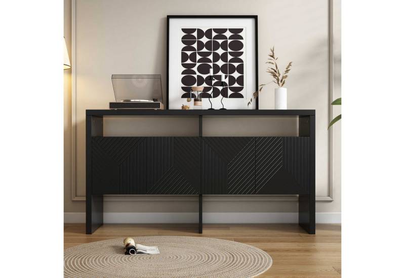 BlingBin Sideboard Kommode (1 St., mit 2 offenen Fächern & 4 Türen, Soft-Close, gestreifte Front), B140×T35×H75 cm, MDF, mit Kippsicherung von BlingBin