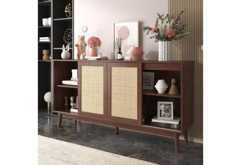 BlingBin Sideboard Kommode (1 St., mit 3 Schiebetüren aus echtem Rattan und 2 Schubladen), 155x38x80 cm, atmungsaktiv, stabil und vielseitig von BlingBin