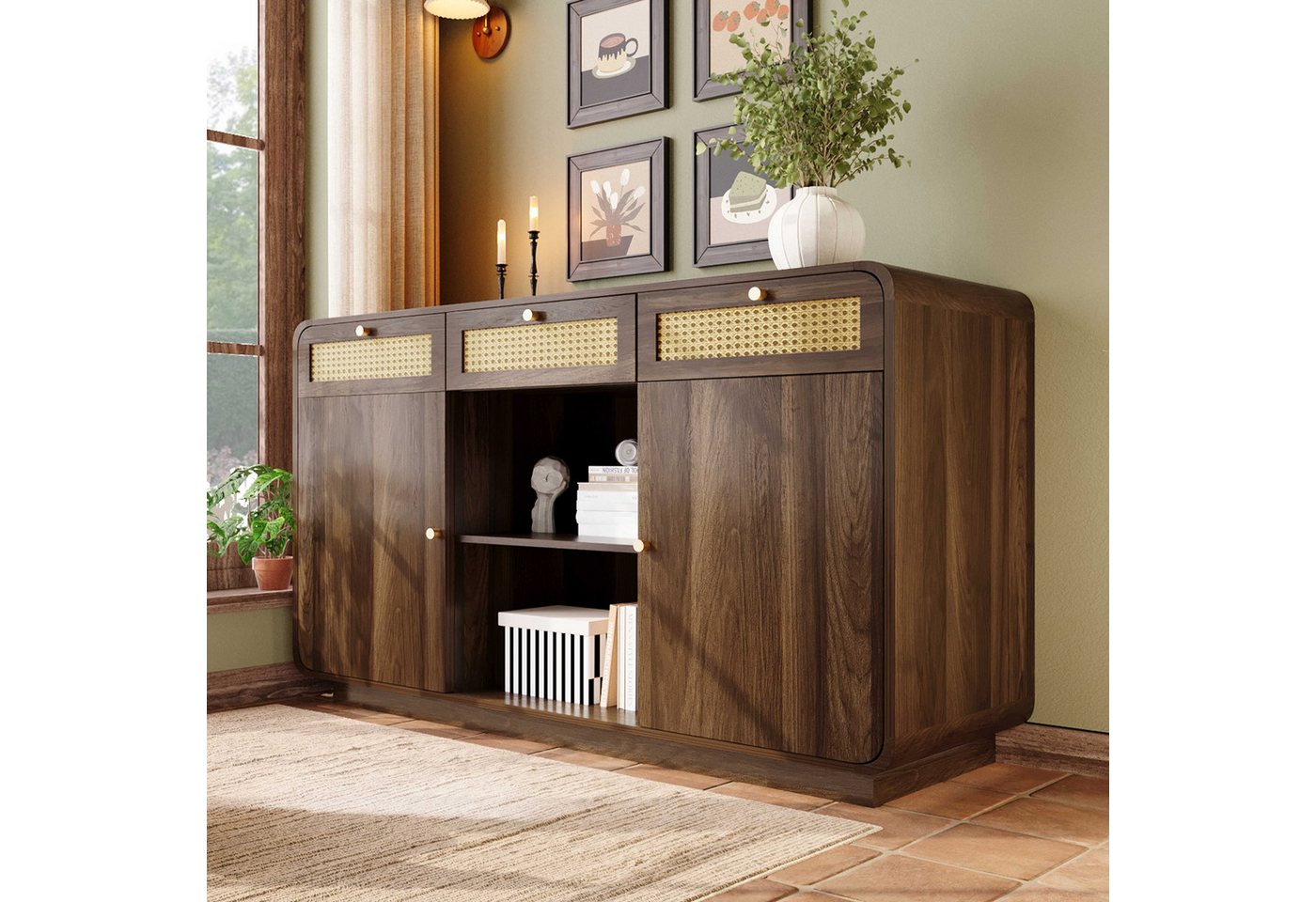 BlingBin Sideboard Kommode (1 St., mit Rattan & Goldgriffen, 3 Schubladen + 2 Schränke + offenes Regal), Höhenverstellbare Einlegeböden, H85/B120/T40 cm von BlingBin