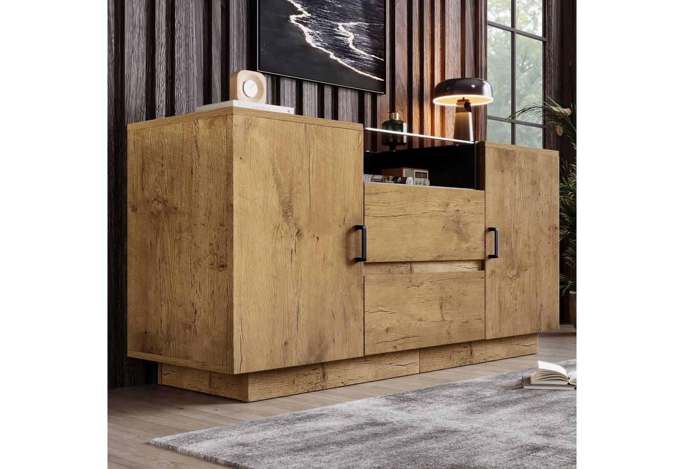 BlingBin Sideboard Kommode (1 St., mit verstellbaren Einlegeböden, für Wohnzimmer, Flur, Esszimmer), mit braun getöntem ESG-Glas, 140 cm breit, 2 Schubladen von BlingBin