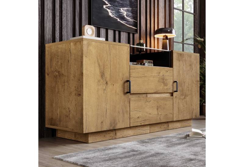 BlingBin Sideboard Kommode (1 St., mit verstellbaren Einlegeböden, für Wohnzimmer, Flur, Esszimmer), mit braun getöntem ESG-Glas, 140 cm breit, 2 Schubladen von BlingBin