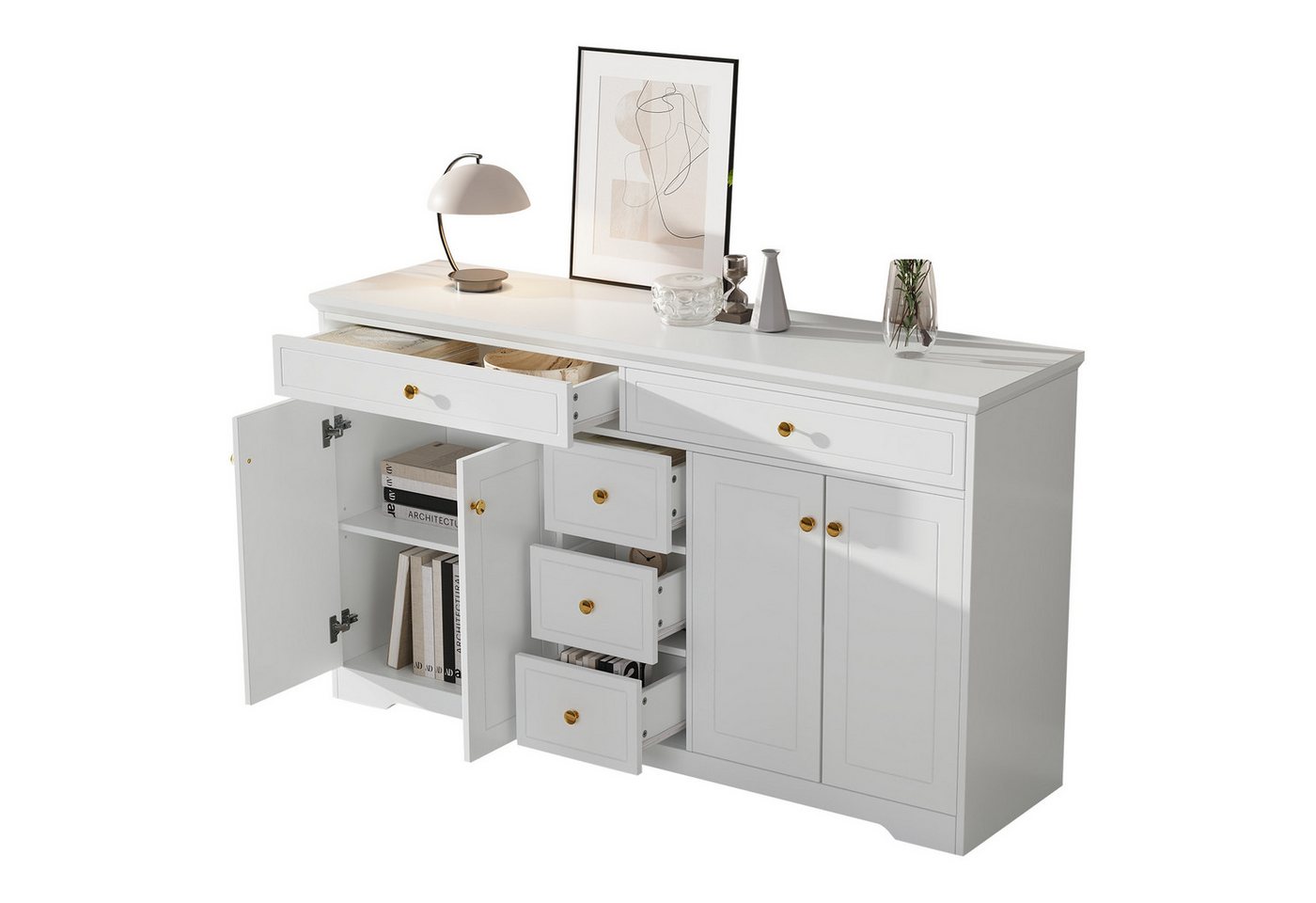 BlingBin Sideboard Kommode Anrichte Buffetschrank Beistellschrank Komodenschrank (Aufbewahrungsschrank mit 5 Schubladen und 4 Türen, mit Verstellbaren Einlegeböden, 1 St., Gesamtgröße: 150 x 40 x 85 cm, Gesamttragfähigkeit: 80KG), Standschrank für Schlafzimmer, Wohnzimmer, MDF, Weiß von BlingBin