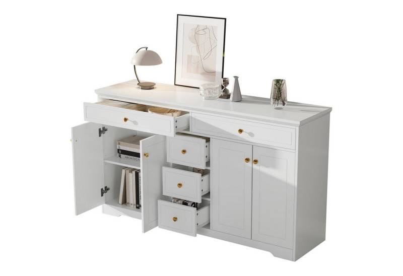 BlingBin Sideboard Kommode Anrichte Buffetschrank Beistellschrank Komodenschrank (Aufbewahrungsschrank mit 5 Schubladen und 4 Türen, mit Verstellbaren Einlegeböden, 1 St., Gesamtgröße: 150 x 40 x 85 cm, Gesamttragfähigkeit: 80KG), Standschrank für Schlafzimmer, Wohnzimmer, MDF, Weiß von BlingBin