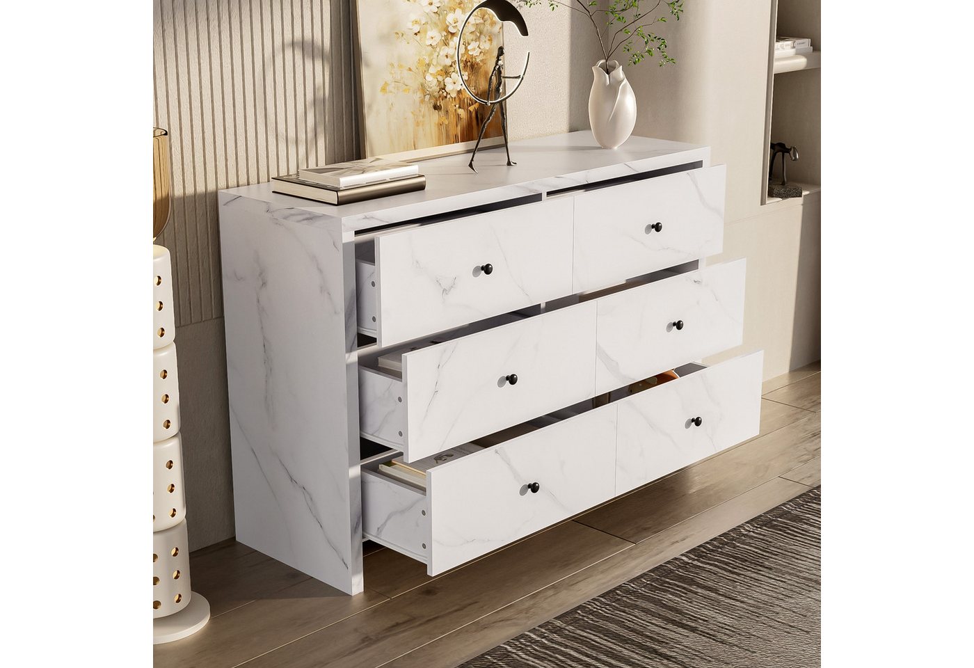 BlingBin Sideboard Kommode Aufbewahrungsschrank Wohnzimmerschrank (1 St., mit 6 Schubladen,schwarzem Holzgriff, Anti-Kipp-Vorrichtung), Modernes Möbelstück für Ihr Zuhause,Marmor-Optik,120x40x80cm von BlingBin
