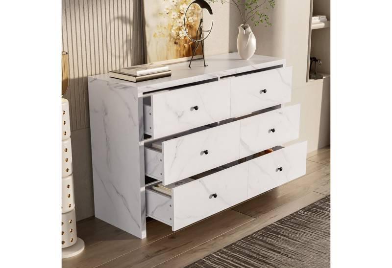 BlingBin Sideboard Kommode Aufbewahrungsschrank Wohnzimmerschrank (1 St., mit 6 Schubladen,schwarzem Holzgriff, Anti-Kipp-Vorrichtung), Modernes Möbelstück für Ihr Zuhause,Marmor-Optik,120x40x80cm von BlingBin