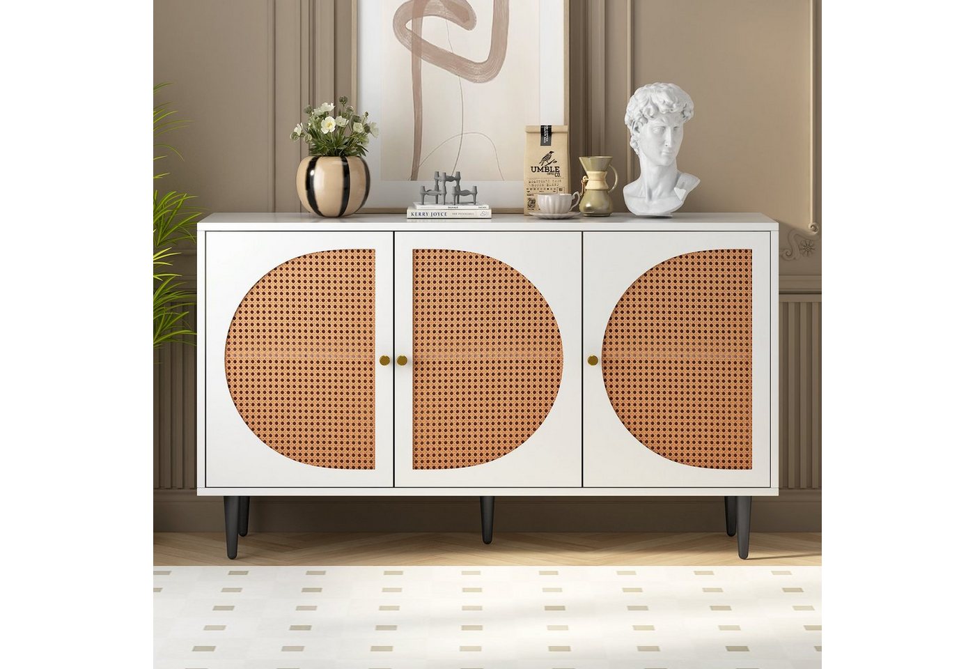 BlingBin Sideboard Kommode Highboard (1 St), mit 3 Rattan verzierten Türen, mit Metallgriffe, 129.8x 40x 76cm von BlingBin