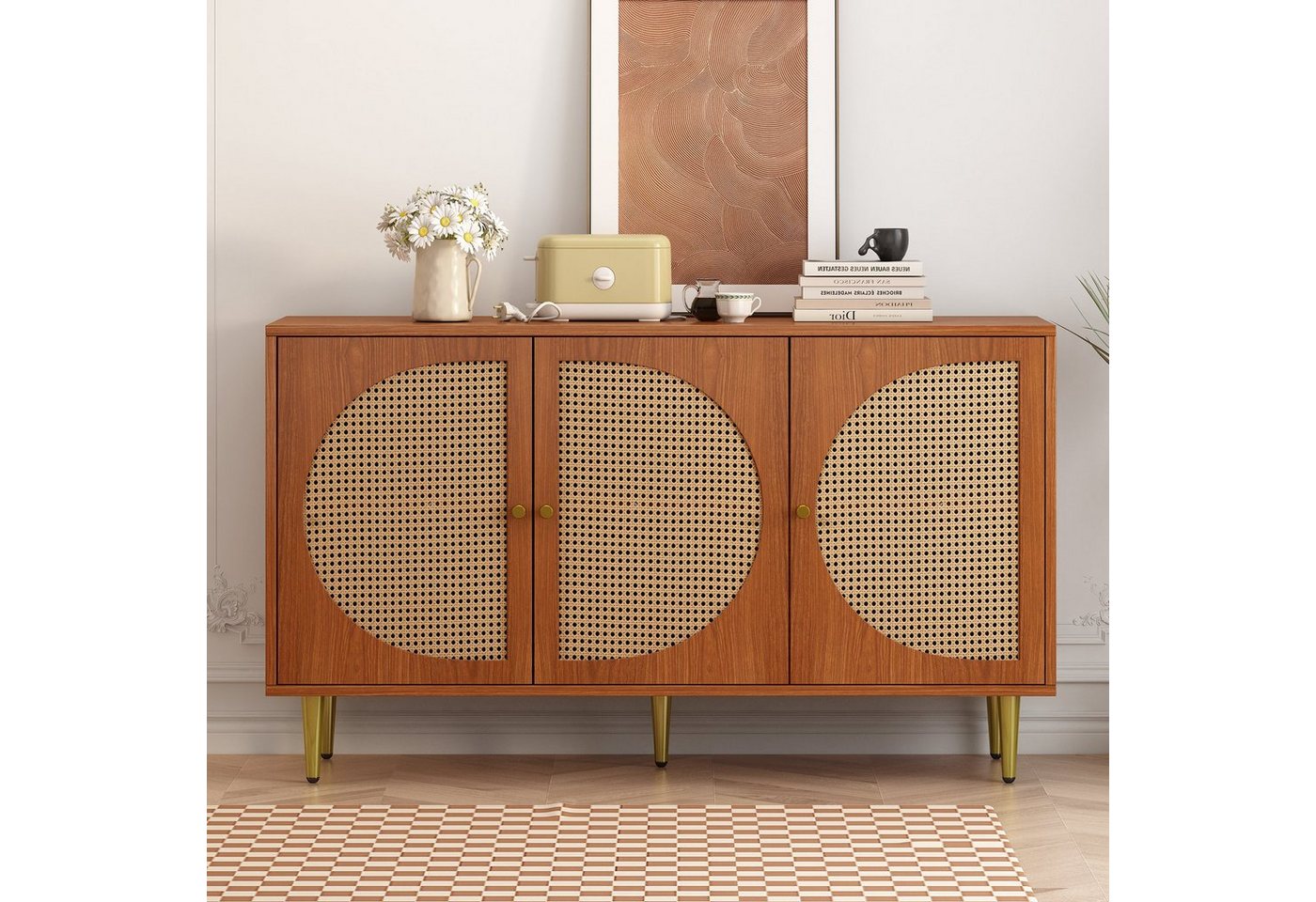 BlingBin Sideboard Kommode Highboard (1 St), mit 3 Rattan verzierten Türen, mit Metallgriffe, 129.8x 40x 76cm von BlingBin