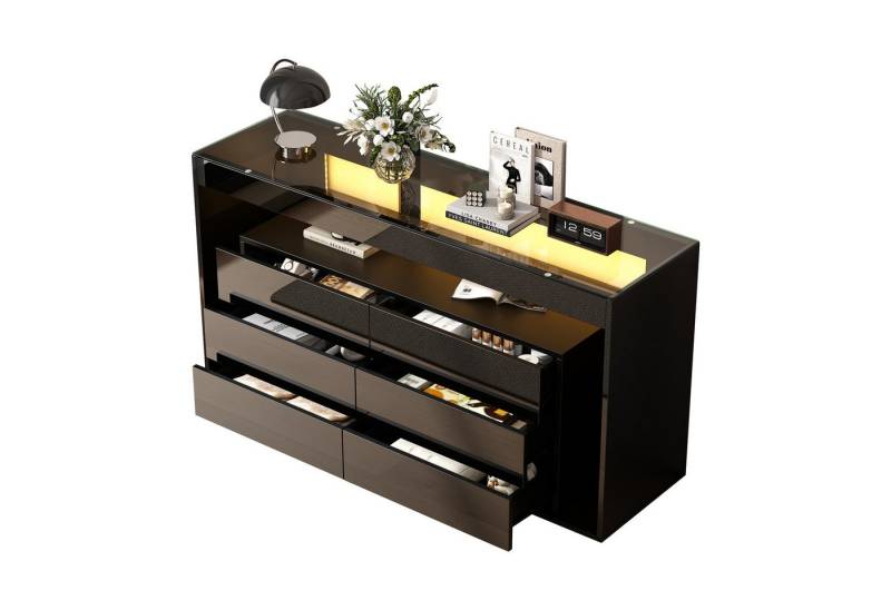BlingBin Sideboard Kommode Komodenschrank Anrichte Beistellschrank Buffetschrank (Aufbewahrungsschrank mit 6 Großen Schubladen, LED-Hochglanz-Sideboard mit Platte aus Gehärtetem Glas, 1 St., Moße: 140*40*70cm, Gewichtskapazität: 60KG), Geeignet für Wohnzimmer, Schlafzimmer, Esszimmer, Büro, Schwarz BlingBin Sideboard Kommode Komodenschrank Anrichte Beistellschrank Buffetschrank (Aufbewahrungsschrank mit 6 Großen Schubladen, LED-Hochglanz-Sideboard mit Platte aus Gehärtetem Glas, 1 St., Moße: 140*40*70cm, Gewichtskapazität: 60KG), Geeignet für Wohnzimmer, Schlafzimmer, Esszimmer, Büro, Schwarz von BlingBin