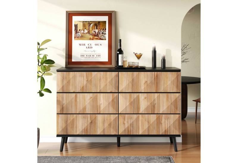 BlingBin Sideboard Kommode Wohnzimmerschrank Anrichte Esszimmerschrank (1 St., mit Sechs Schubladen,Metallbeinen & Erhöhte Schubladenfronten), 120×40×85cm,Schwarz+Holzfarbe,für Wohnzimmer,Schlafzimmer,flur von BlingBin